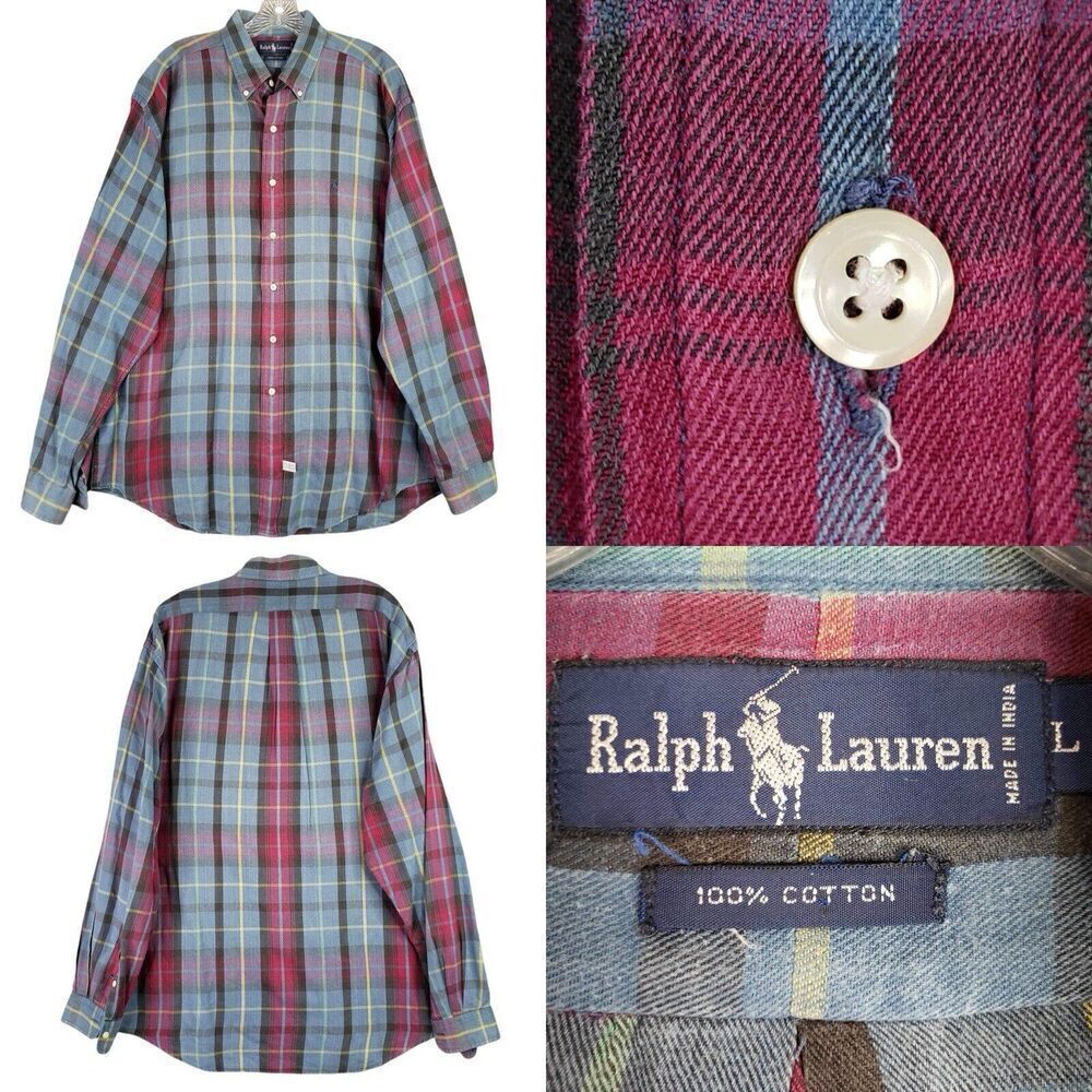 Polo Ralph Lauren Oxford Men's Size Large Red Blue Plaid LS Button Down Shirt